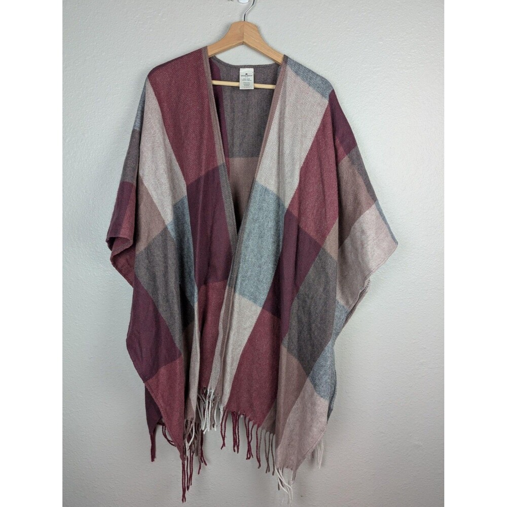NWOT Woolrich Poncho One Size Burgundy Gray Beige Fringe Open Front Wrap Shawl